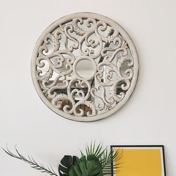 Round Vintage Wall Mirror Hollow-out Carved Flower Art with MDF Frame
